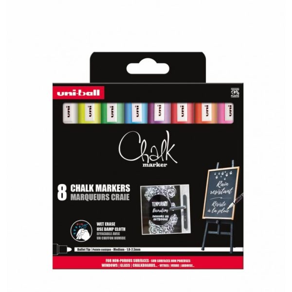 Set 8x Markere cu creta lichida UNI Chalk PWE-5M, 1.8,  2.5 mm (alb, galben, verde, albastru, violet, roE u, portocaliu, roz)