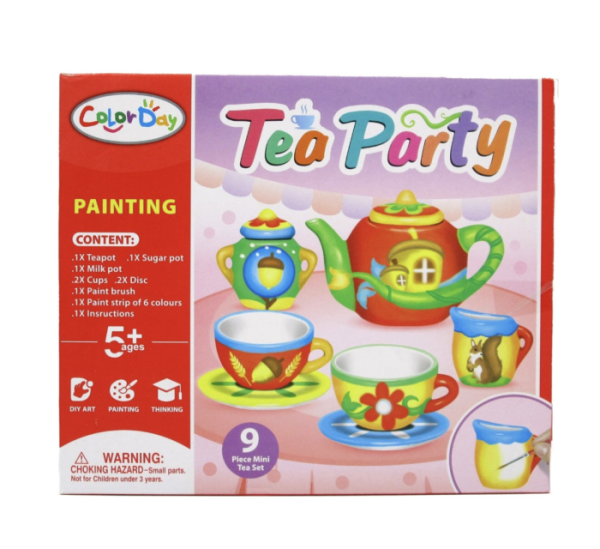 Set creativ de pictat mini serviciu de ceai din ceramica Tea Party, 9 piese, vopsele si pensula, +5 ani