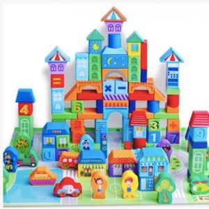 Set de constructie 100 Cuburi din lemn - Urban Trafic