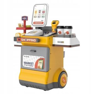 Set magazin de jucarie copii cu lada pe roti, scaner cu sunet si accesorii, galben