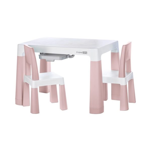 Set masuta si doua scaune, FreeON, Neo, Pentru copii, Cu doua sertare, Cu masa reglabila la doua inaltimi, Conform cu standardele europene de securitate EN71-1;2018, EN71-2:2020, EN71-3:2021, Roz