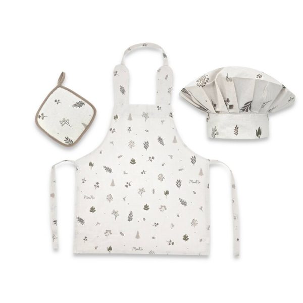 Set Micutul bucatar, MimiNu, Cu sort, o boneta si accesoriu pentru vase calde, Din bumbac certificat Oeko Tex Standard 100, Leaves