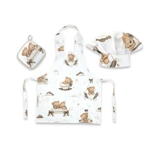 Set Micutul bucatar, MimiNu, Cu sort, o boneta si accesoriu pentru vase calde, Din bumbac certificat Oeko Tex Standard 100, Tedy bear dreams beige