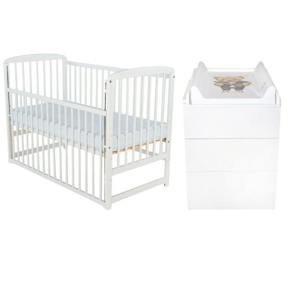 Set mobilier pentru copii, BabyNeeds: Patut din lemn de pin, cu laterala culisanta si somiera reglabila in 3 trepte, Ola, 120x60 cm + Saltea cocos-burete-cocos, 10 cm + Comoda cu masuta de infasat, Alb