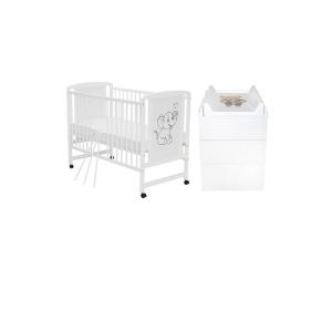 Set mobilier pentru copii, Qmini: Patut din lemn de pin si MDF cu roti, cu somiera reglabila in 3 trepte, Timmi Elefant, 120x60 cm + Saltea cocos-burete-cocos, 8 cm + Comoda cu masuta de infasat, Alb