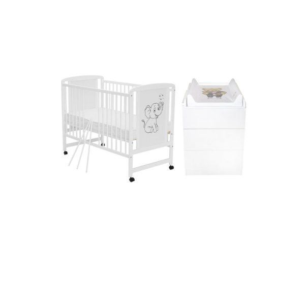 Set mobilier pentru copii, Qmini: Patut din lemn de pin si MDF cu roti, cu somiera reglabila in 3 trepte, Timmi Elefant, 120x60 cm + Saltea cocos-burete-cocos, 8 cm + Comoda cu masuta de infasat, Alb