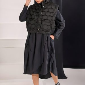 Set rochie neagra oversize cu guler tip camasa si  vesta matlasata