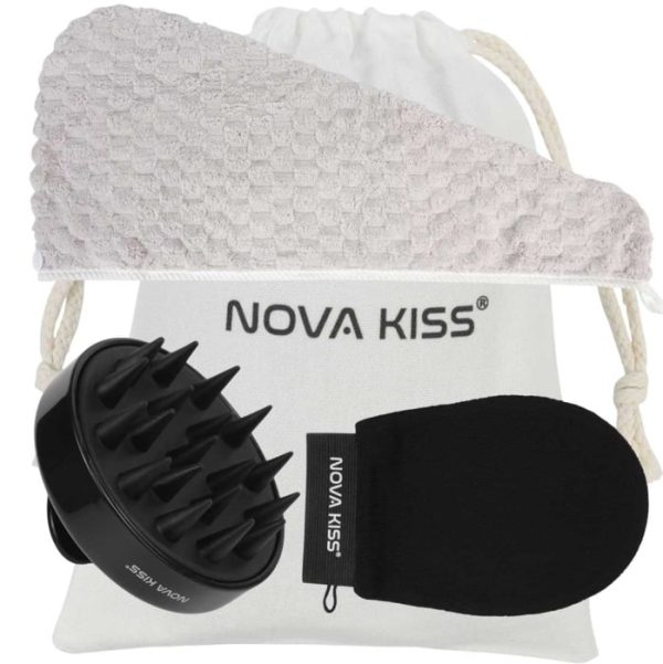 Set SPA cu Perie Masaj Scalp, Prosop Turban, Manusa Exfolianta si Saculet din Bumbac, NOVA KISS
