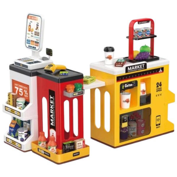 Set Supermarket cu 65 accesorii, stand cu scaner si casa de marcat