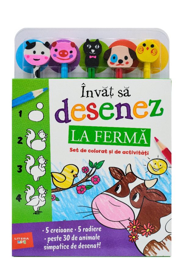 Invat sa desenez. La ferma. Set de colorat și de activitati (contine 5 creioane si 5 radiere)