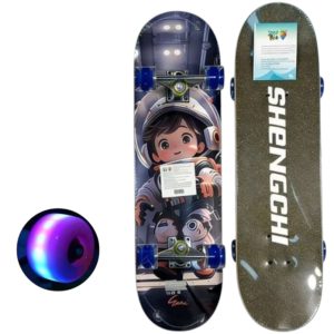 Skateboard pentru Copii, din Lemn, cu roti luminoase, 80 cm - Astronaut