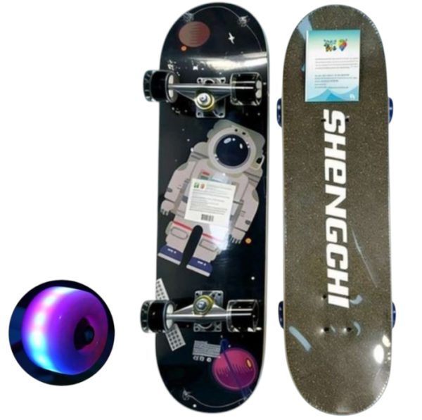 Skateboard pentru Copii, din Lemn, cu roti luminoase, 80 cm - Space