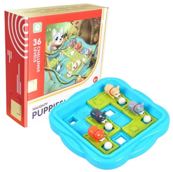 Joc logic Puppies tip slide puzzle cu catei si bile, 36 provocari, 6 ani+