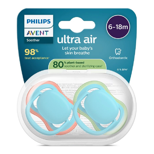 Suzete Ultra Air, 6-18 luni, SCF087/10, Albastru/Verde, 2 bucati, Philips Avent