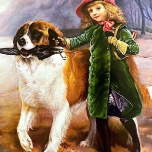 Tablou GM10016, Fetita cu Saint Bernard, cu rama de lemn, Pictura cu Diamante, Goblen cu pietre 5D, 40 x 50 cm