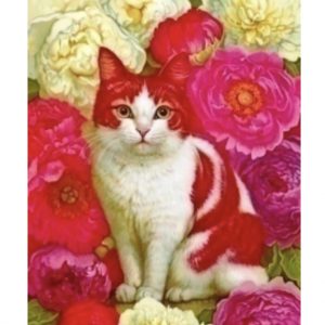 Tablou GM537, Pisica cu bujori, Pictura cu Diamante, Goblen cu pietre 5D, cu rama de lemn, 40 x 50 cm
