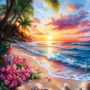 Tablou PM10025, Plaja exotica la apus de soare, Picteaza dupa numere, cu rama de lemn, 40x50 cm