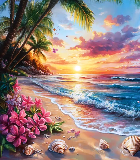 Tablou PM10025, Plaja exotica la apus de soare, Picteaza dupa numere, cu rama de lemn, 40x50 cm