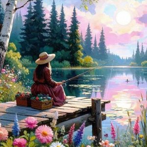 Tablou PM10026, Femeie pe lac, Picteaza dupa numere, cu rama de lemn, 40x50 cm