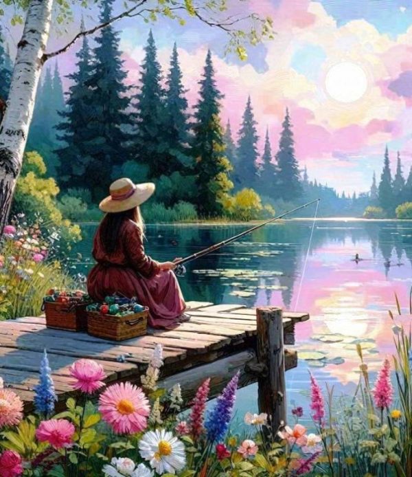 Tablou PM10026, Femeie pe lac, Picteaza dupa numere, cu rama de lemn, 40x50 cm