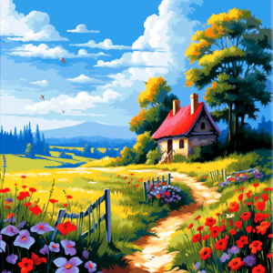 Tablou PM2006 Picteaza Dupa Numere, cu rama, 40x50 cm, Casuta pe pajiste