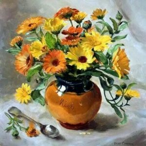 Tablou PM634 Flori galbene in ulcica, Picteaza dupa numere, cu rama de lemn, 20 x 30 cm