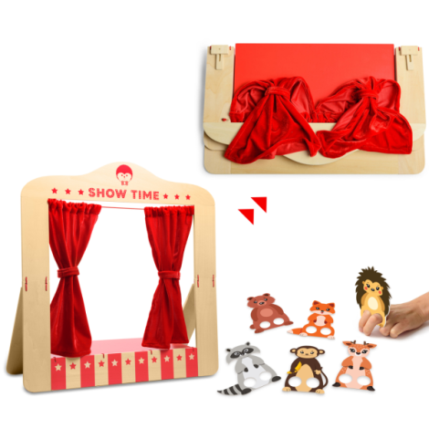 Teatru de papusi din lemn pentru masa, pliabil, cu figurine incluse Kipod