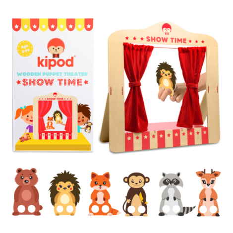 Teatru de papusi din lemn pentru masa, pliabil, cu figurine incluse Kipod