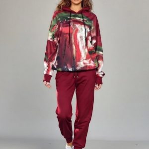 Trening dama din catifea cu hanorac imprimat si pantaloni jogger ,   bordo