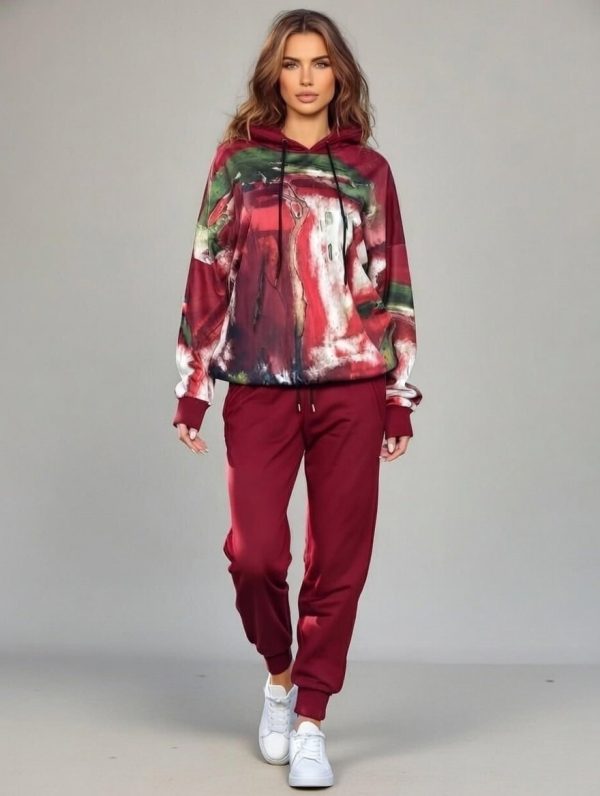 Trening dama din catifea cu hanorac imprimat si pantaloni jogger ,   bordo