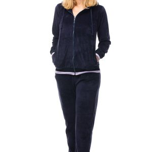 Trening dama doua piese catifea de bumbac bleumarin, cu banda lila