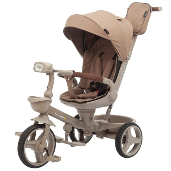 Tricicleta reversibila SL07 maro cu pozitie de somn, roti cauciuc, muzica si lumini