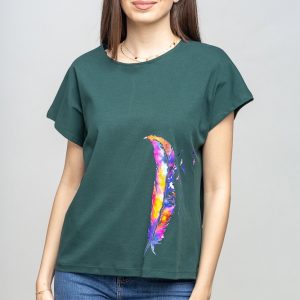 Tricou verde cu panou lateral pana stilizata