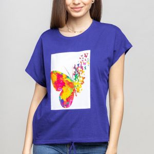 Tricou albastru cu snur si panou fluture stilizat