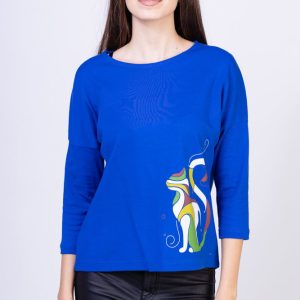 Tricou albastru electric cu imprimeu pisica colorata