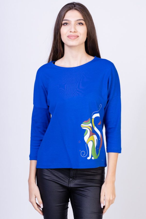 Tricou albastru electric cu imprimeu pisica colorata