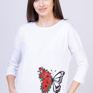 Tricou alb din bumbac, cu maneci 3 4 si imprimeu fluture