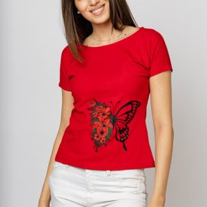 Tricou cambrat rosu din bumbac cu imprimeu fluture si flori