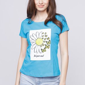 Tricou cambrat turcoaz din bumbac cu panou margareta   Find your soul