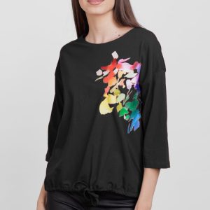 Tricou cu maneca 3 4 din tricot de bumbac cu snur la baza, negru cu imprimeu floare stilizata