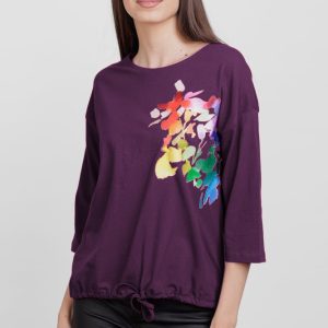 tricou-cu-maneca-3-4-din-tricot-de-bumbac-cu-snur-la-baza-verde-deschis-cu-imprimeu-floare-stilizata-copie-330872.jpg Tricou cu maneca 3 4 din tricot de bumbac cu snur la baza, mov inchis cu imprimeu floare stilizata