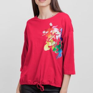 Tricou cu maneca 3 4 din tricot de bumbac cu snur la baza, fucsia cu imprimeu floare stilizata