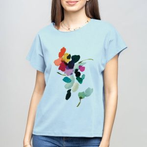 Tricou cu maneca cazuta din bumbac bleu cu imprimeu floare stilizata
