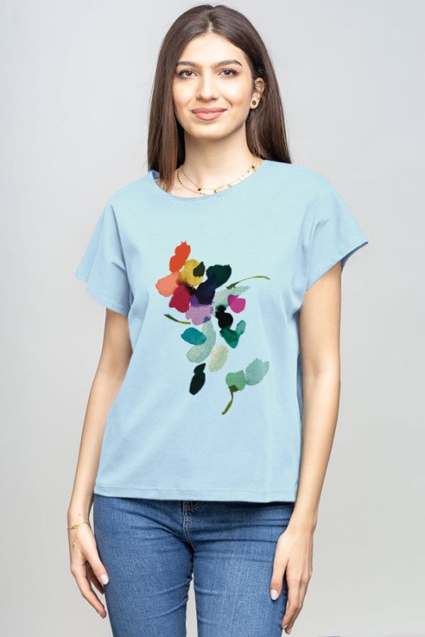 Tricou cu maneca cazuta din bumbac bleu cu imprimeu floare stilizata