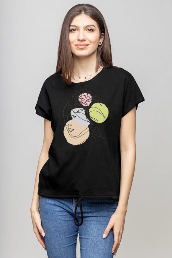 Tricou cu maneca cazuta din bumbac negru cu snur la baza