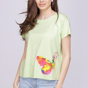 Tricou din vascoza cu imprimeu fluture, verde fistic
