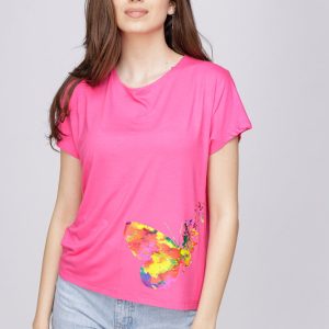 Tricou din vascoza cu imprimeu fluture, fucsia