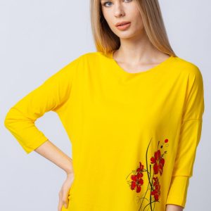 Tricou galben din bumbac, cu maneci 3 4 si imprimeu maci