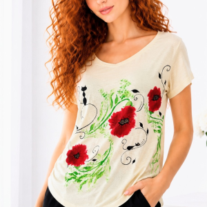 Tricou galben din bumbac  pictat manual, cu maci si pisicuta