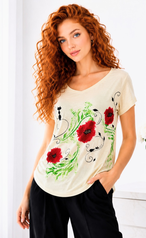 Tricou galben din bumbac  pictat manual, cu maci si pisicuta